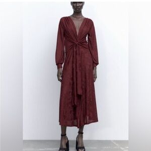 Zara burgundy blogger favorite front tie jacquard midi dress